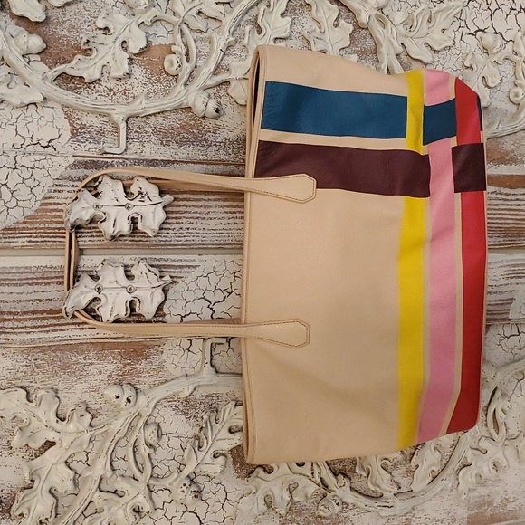 Tory Burch Large Tote multi color stripe shoulder bag - Picture 3 of 7